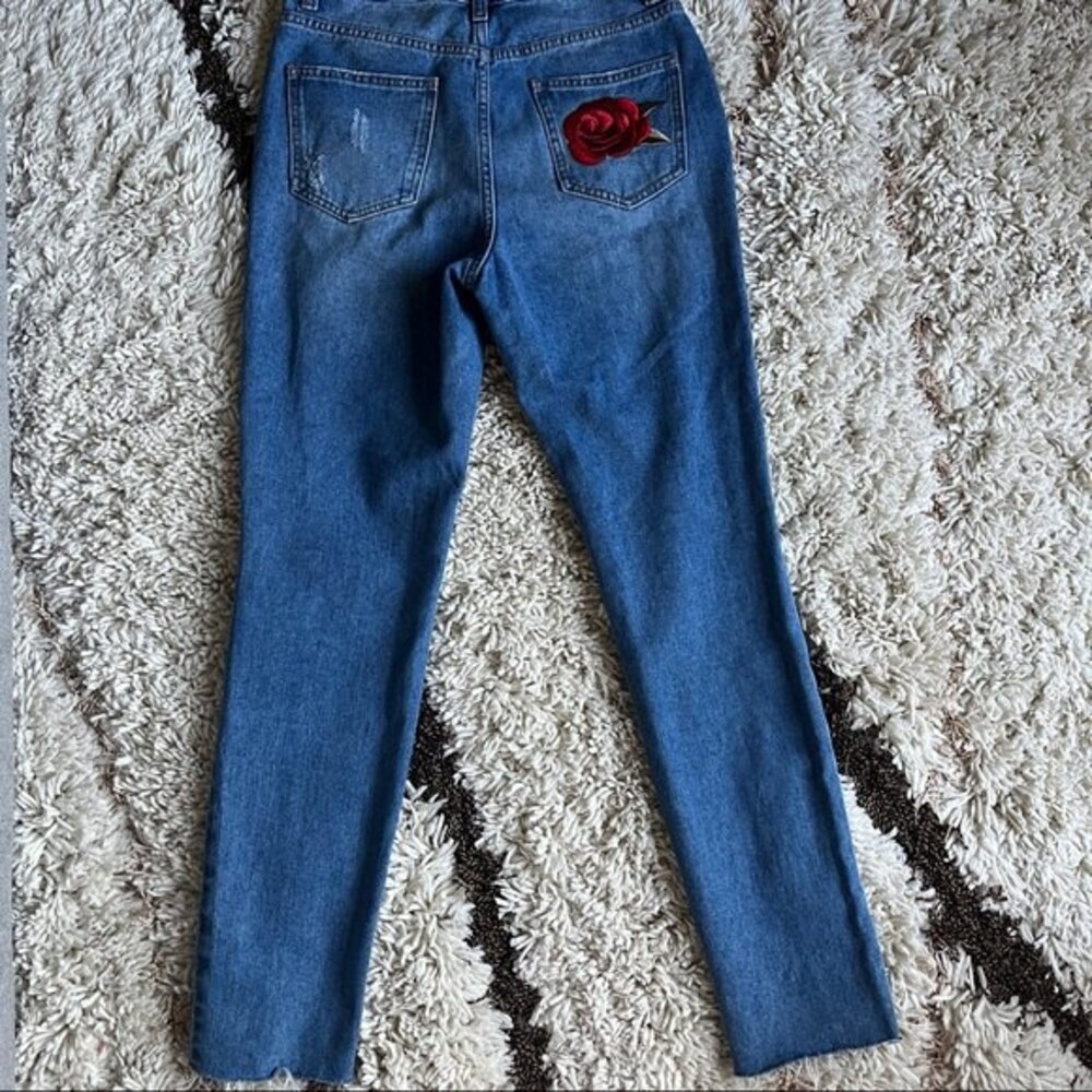 Misguided Blue Riot Embroidered Rose Ripped Mom Jeans 8 - Picture 6 of 9